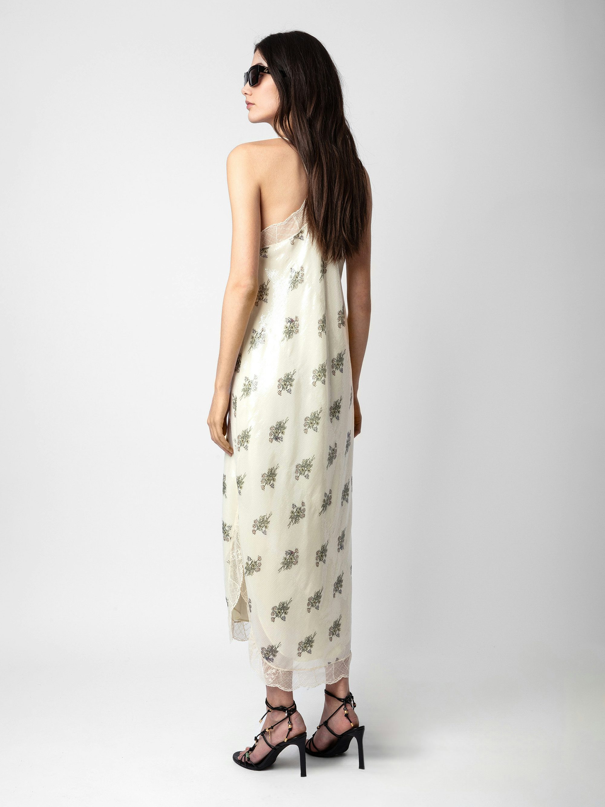 Ristyl Sequin Dress - Ecru lingerie-style long dress with floral print, sequins, straps and lace trim.